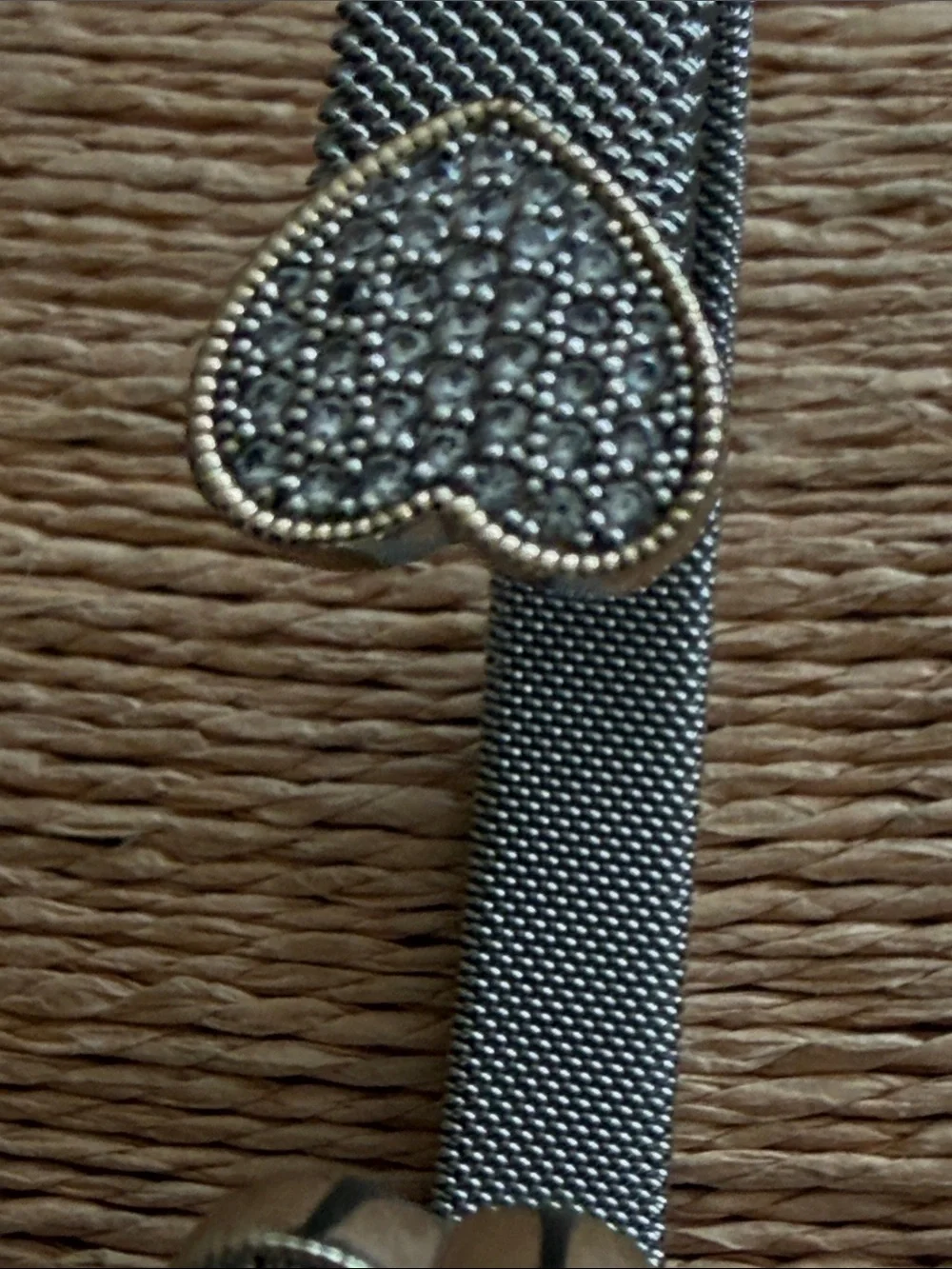 Bracelet two hearts with pave crystals silver mesh finish cuff style